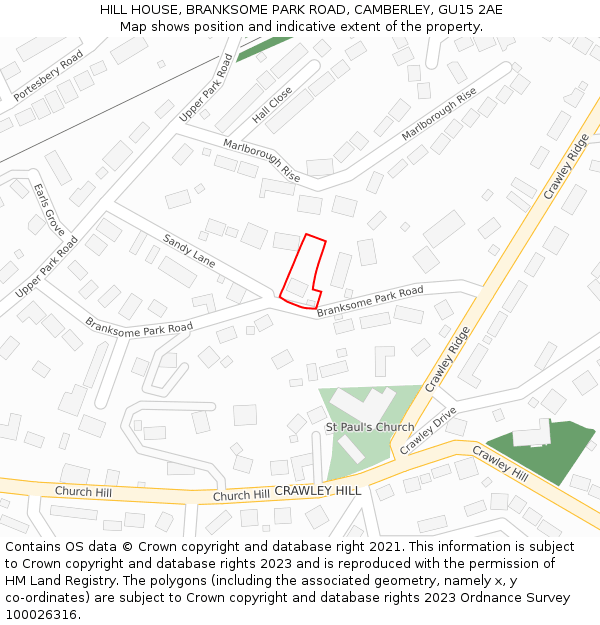 HILL HOUSE, BRANKSOME PARK ROAD, CAMBERLEY, GU15 2AE: Location map and indicative extent of plot