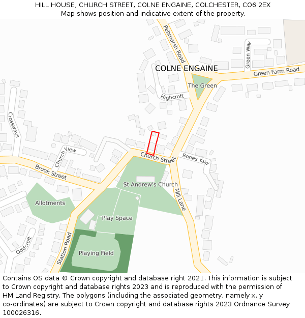 HILL HOUSE, CHURCH STREET, COLNE ENGAINE, COLCHESTER, CO6 2EX: Location map and indicative extent of plot