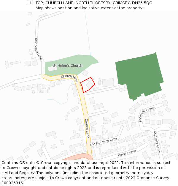 HILL TOP, CHURCH LANE, NORTH THORESBY, GRIMSBY, DN36 5QG: Location map and indicative extent of plot