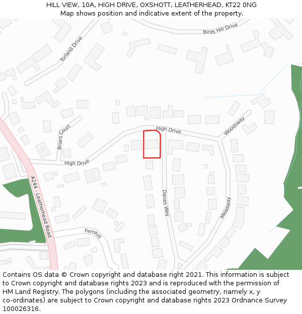 HILL VIEW, 10A, HIGH DRIVE, OXSHOTT, LEATHERHEAD, KT22 0NG: Location map and indicative extent of plot