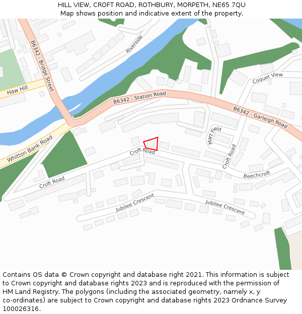 HILL VIEW, CROFT ROAD, ROTHBURY, MORPETH, NE65 7QU: Location map and indicative extent of plot