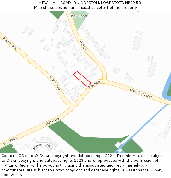 HILL VIEW, HALL ROAD, BLUNDESTON, LOWESTOFT, NR32 5BJ: Location map and indicative extent of plot