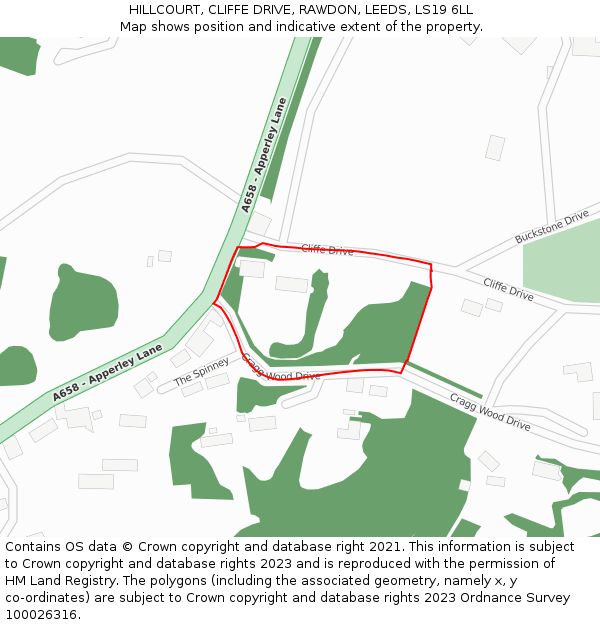 HILLCOURT, CLIFFE DRIVE, RAWDON, LEEDS, LS19 6LL: Location map and indicative extent of plot