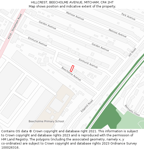 HILLCREST, BEECHOLME AVENUE, MITCHAM, CR4 2HT: Location map and indicative extent of plot