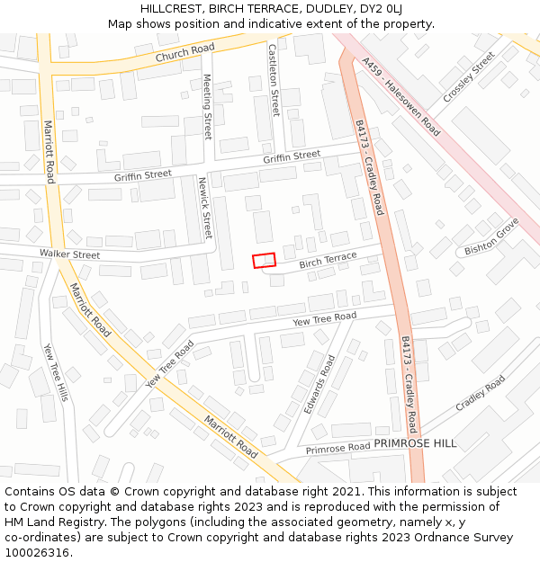 HILLCREST, BIRCH TERRACE, DUDLEY, DY2 0LJ: Location map and indicative extent of plot