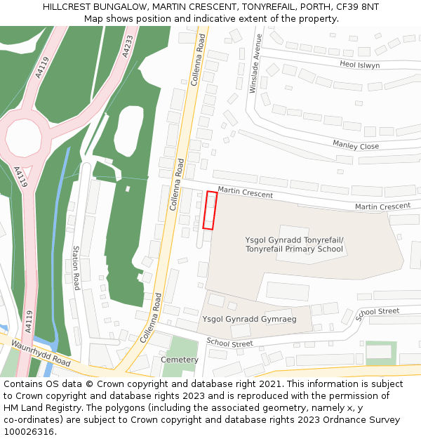 HILLCREST BUNGALOW, MARTIN CRESCENT, TONYREFAIL, PORTH, CF39 8NT: Location map and indicative extent of plot