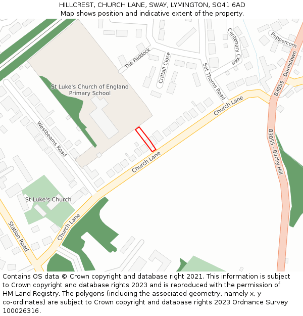 HILLCREST, CHURCH LANE, SWAY, LYMINGTON, SO41 6AD: Location map and indicative extent of plot