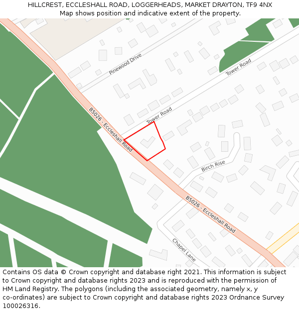 HILLCREST, ECCLESHALL ROAD, LOGGERHEADS, MARKET DRAYTON, TF9 4NX: Location map and indicative extent of plot