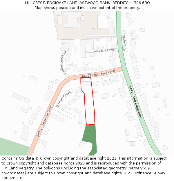 HILLCREST, EDGIOAKE LANE, ASTWOOD BANK, REDDITCH, B96 6BQ: Location map and indicative extent of plot