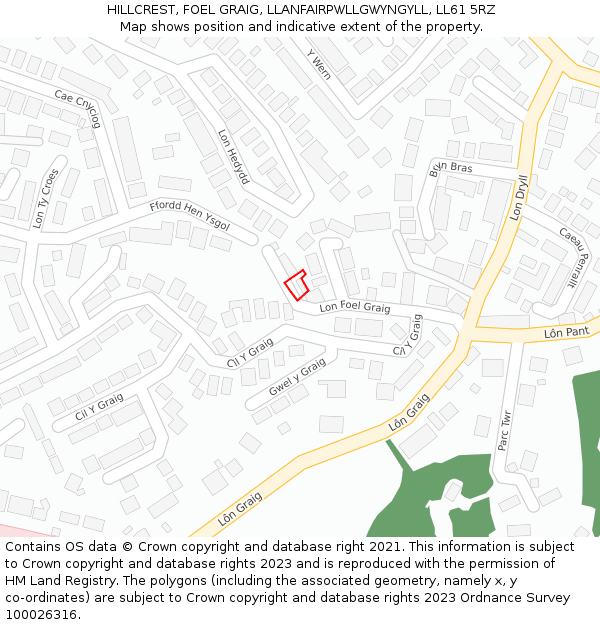 HILLCREST, FOEL GRAIG, LLANFAIRPWLLGWYNGYLL, LL61 5RZ: Location map and indicative extent of plot