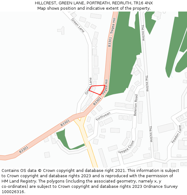 HILLCREST, GREEN LANE, PORTREATH, REDRUTH, TR16 4NX: Location map and indicative extent of plot