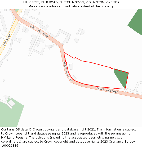 HILLCREST, ISLIP ROAD, BLETCHINGDON, KIDLINGTON, OX5 3DP: Location map and indicative extent of plot