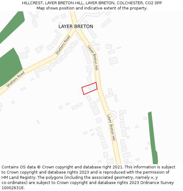 HILLCREST, LAYER BRETON HILL, LAYER BRETON, COLCHESTER, CO2 0PP: Location map and indicative extent of plot