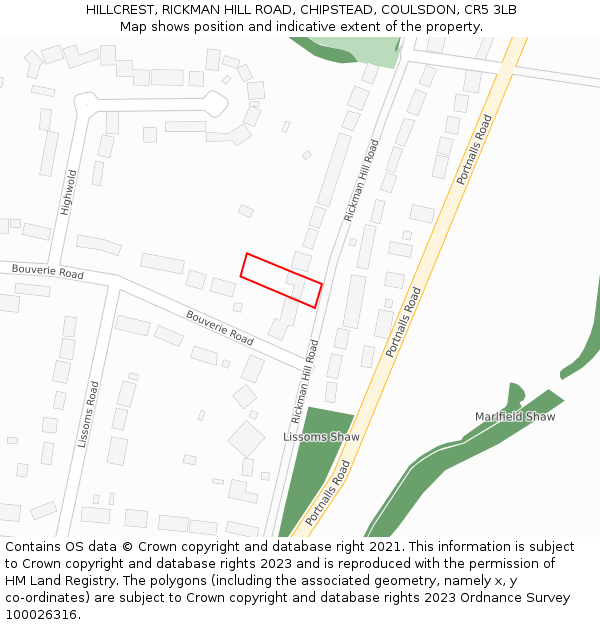 HILLCREST, RICKMAN HILL ROAD, CHIPSTEAD, COULSDON, CR5 3LB: Location map and indicative extent of plot