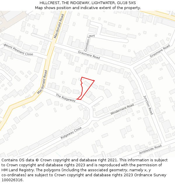 HILLCREST, THE RIDGEWAY, LIGHTWATER, GU18 5XS: Location map and indicative extent of plot