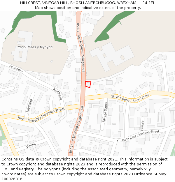 HILLCREST, VINEGAR HILL, RHOSLLANERCHRUGOG, WREXHAM, LL14 1EL: Location map and indicative extent of plot