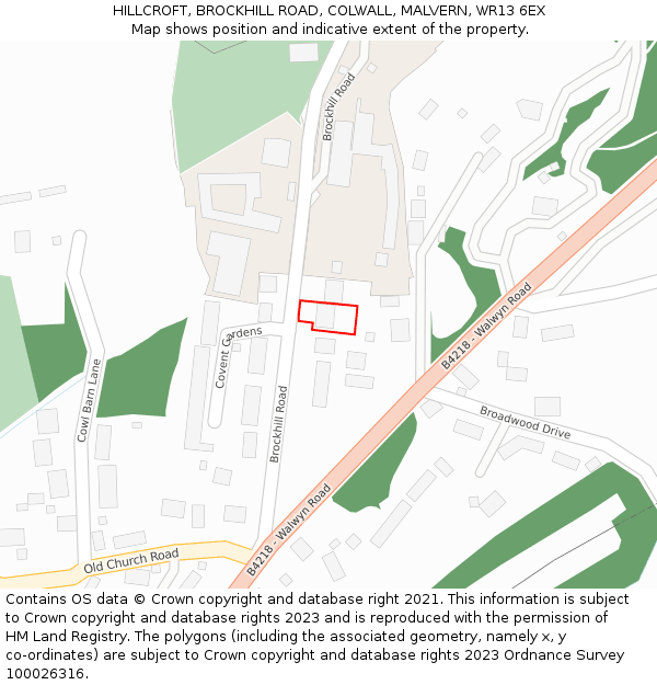 HILLCROFT, BROCKHILL ROAD, COLWALL, MALVERN, WR13 6EX: Location map and indicative extent of plot