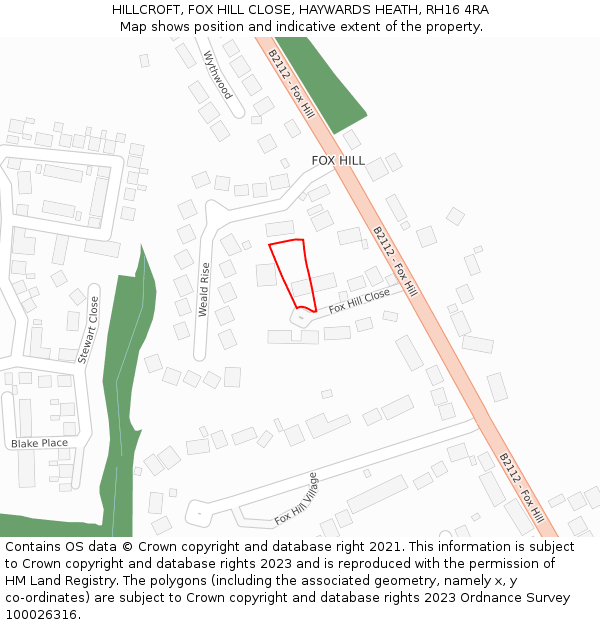 HILLCROFT, FOX HILL CLOSE, HAYWARDS HEATH, RH16 4RA: Location map and indicative extent of plot