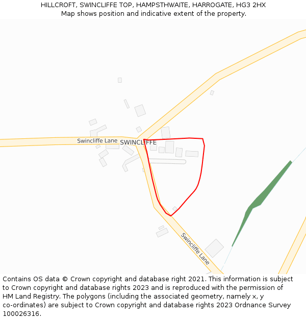 HILLCROFT, SWINCLIFFE TOP, HAMPSTHWAITE, HARROGATE, HG3 2HX: Location map and indicative extent of plot