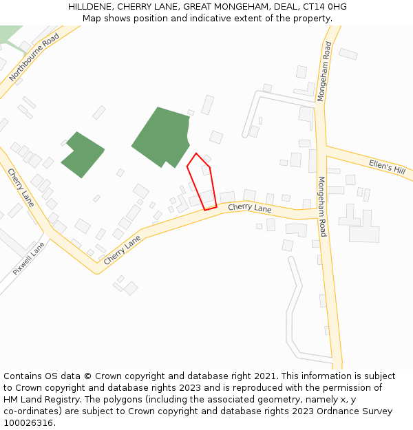HILLDENE, CHERRY LANE, GREAT MONGEHAM, DEAL, CT14 0HG: Location map and indicative extent of plot