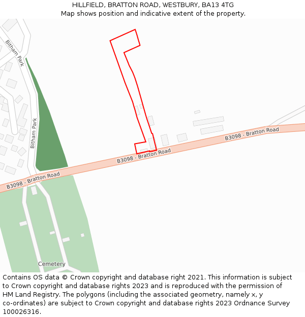 HILLFIELD, BRATTON ROAD, WESTBURY, BA13 4TG: Location map and indicative extent of plot