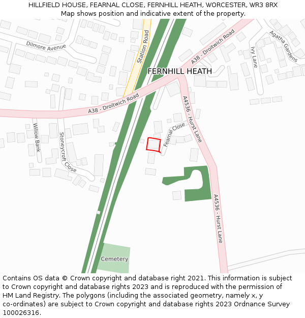 HILLFIELD HOUSE, FEARNAL CLOSE, FERNHILL HEATH, WORCESTER, WR3 8RX: Location map and indicative extent of plot