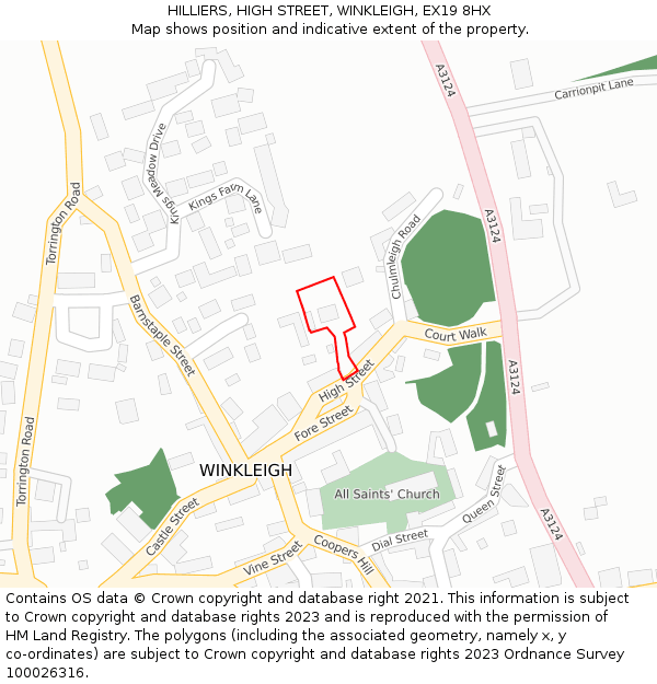 HILLIERS, HIGH STREET, WINKLEIGH, EX19 8HX: Location map and indicative extent of plot