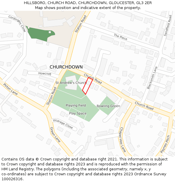 HILLSBORO, CHURCH ROAD, CHURCHDOWN, GLOUCESTER, GL3 2ER: Location map and indicative extent of plot