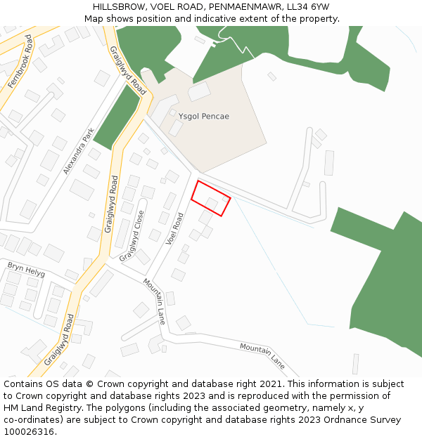 HILLSBROW, VOEL ROAD, PENMAENMAWR, LL34 6YW: Location map and indicative extent of plot