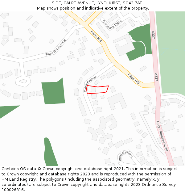 HILLSIDE, CALPE AVENUE, LYNDHURST, SO43 7AT: Location map and indicative extent of plot