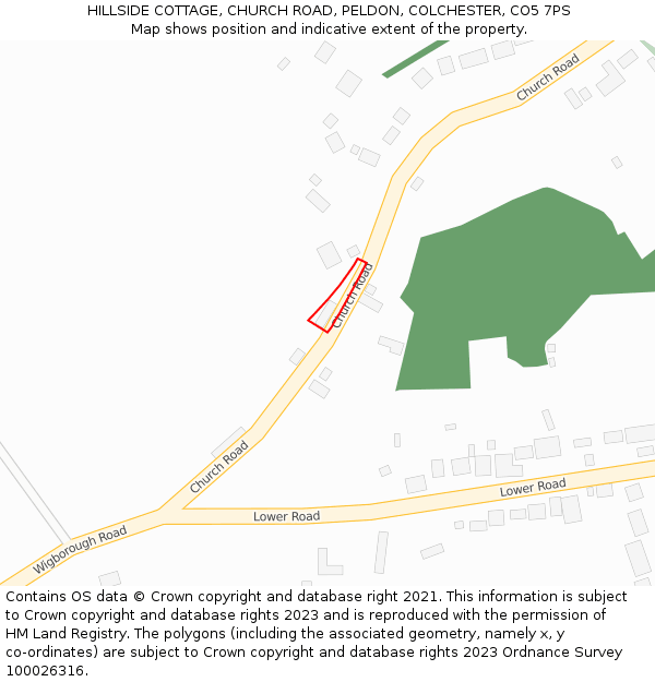 HILLSIDE COTTAGE, CHURCH ROAD, PELDON, COLCHESTER, CO5 7PS: Location map and indicative extent of plot