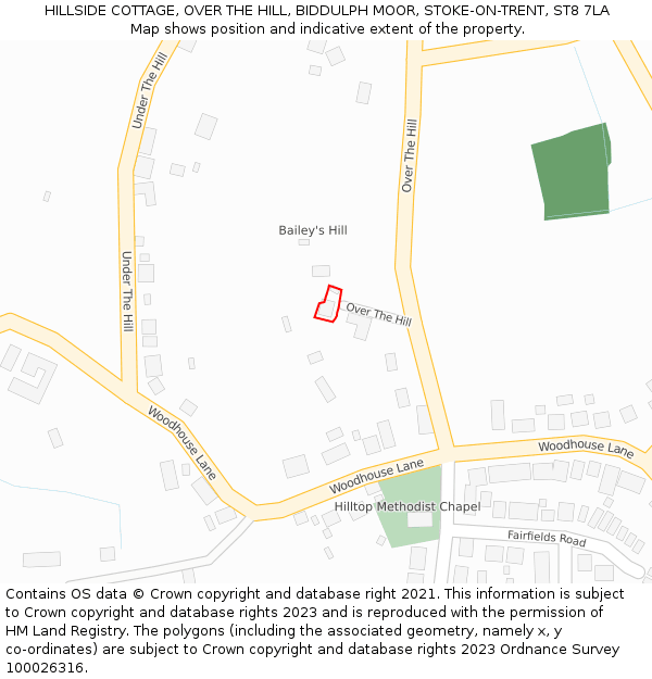 HILLSIDE COTTAGE, OVER THE HILL, BIDDULPH MOOR, STOKE-ON-TRENT, ST8 7LA: Location map and indicative extent of plot