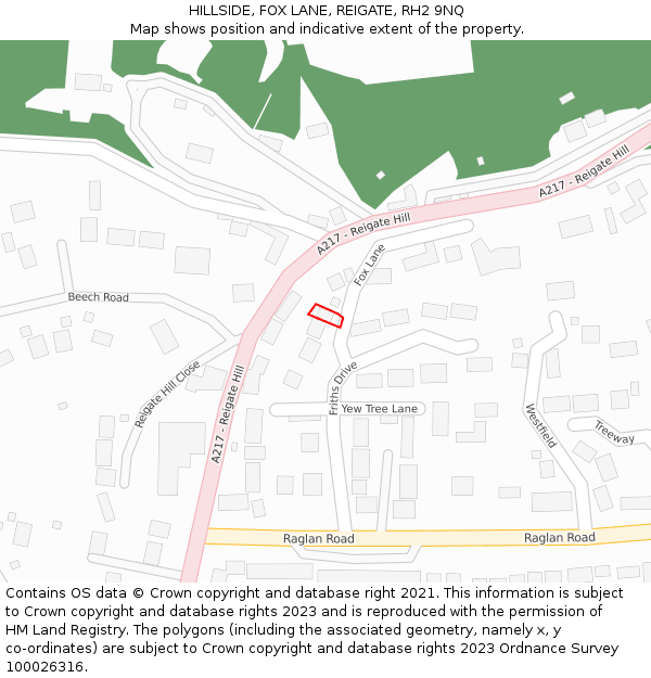 HILLSIDE, FOX LANE, REIGATE, RH2 9NQ: Location map and indicative extent of plot