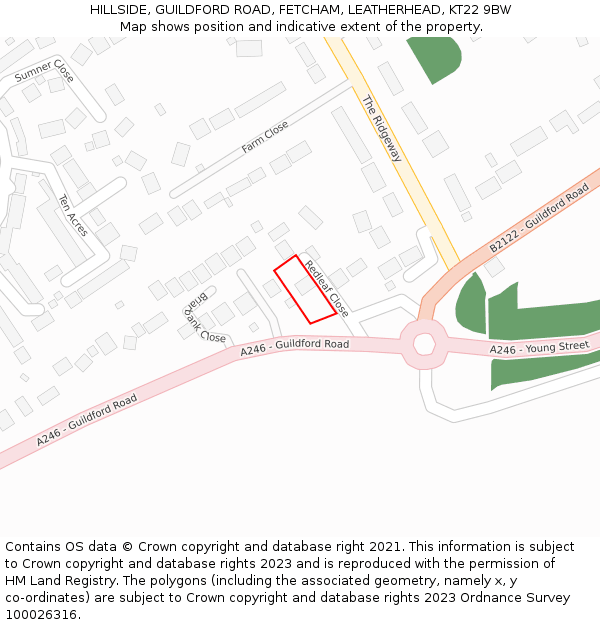 HILLSIDE, GUILDFORD ROAD, FETCHAM, LEATHERHEAD, KT22 9BW: Location map and indicative extent of plot