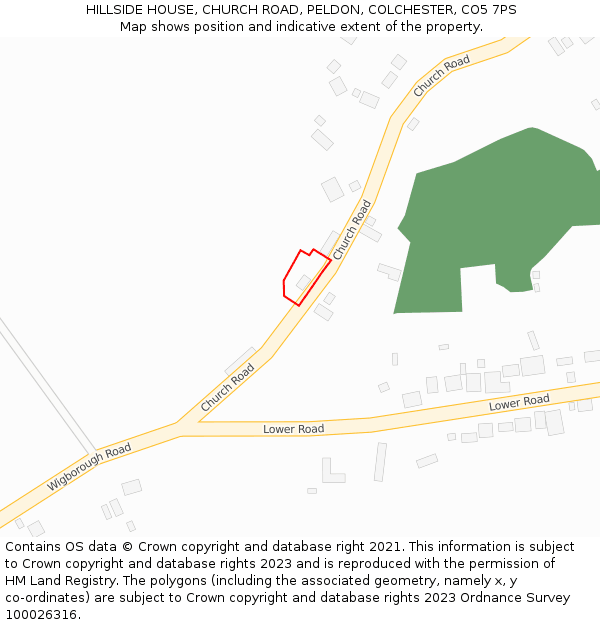 HILLSIDE HOUSE, CHURCH ROAD, PELDON, COLCHESTER, CO5 7PS: Location map and indicative extent of plot