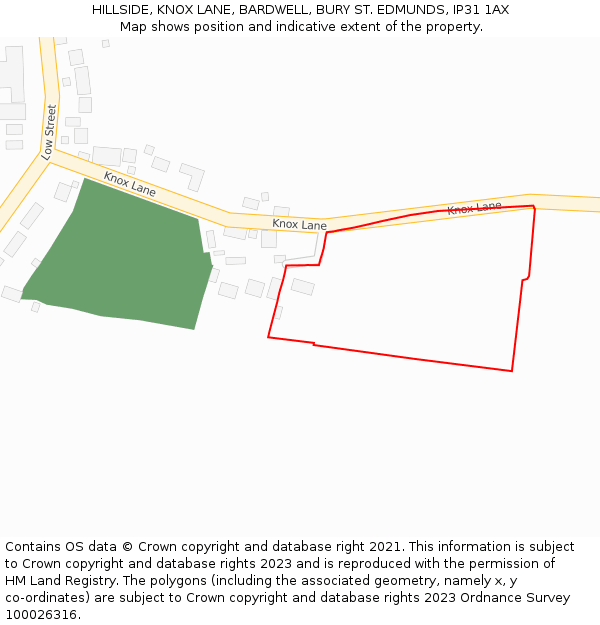 HILLSIDE, KNOX LANE, BARDWELL, BURY ST. EDMUNDS, IP31 1AX: Location map and indicative extent of plot