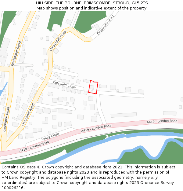 HILLSIDE, THE BOURNE, BRIMSCOMBE, STROUD, GL5 2TS: Location map and indicative extent of plot