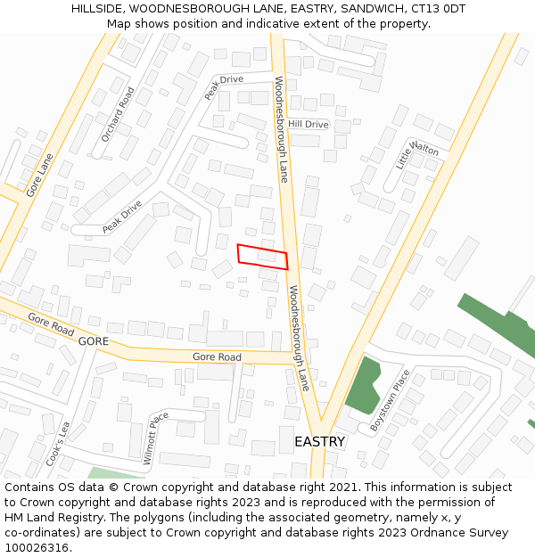 HILLSIDE, WOODNESBOROUGH LANE, EASTRY, SANDWICH, CT13 0DT: Location map and indicative extent of plot