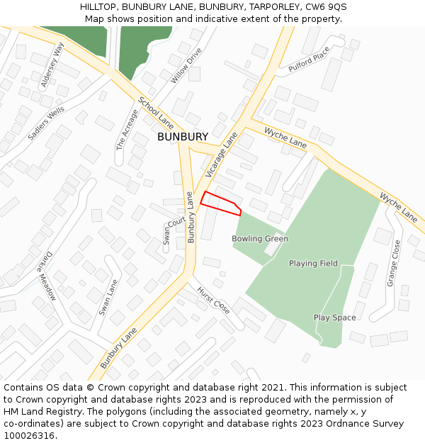 HILLTOP, BUNBURY LANE, BUNBURY, TARPORLEY, CW6 9QS: Location map and indicative extent of plot