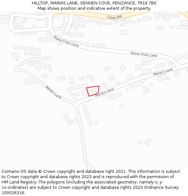 HILLTOP, MARIAS LANE, SENNEN COVE, PENZANCE, TR19 7BX: Location map and indicative extent of plot