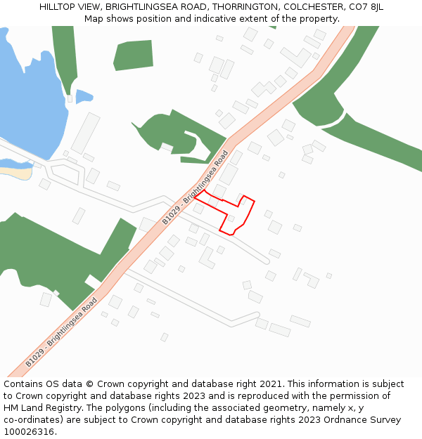 HILLTOP VIEW, BRIGHTLINGSEA ROAD, THORRINGTON, COLCHESTER, CO7 8JL: Location map and indicative extent of plot