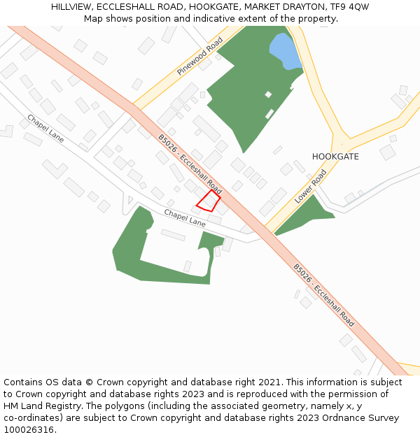 HILLVIEW, ECCLESHALL ROAD, HOOKGATE, MARKET DRAYTON, TF9 4QW: Location map and indicative extent of plot