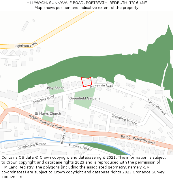 HILLYWYCH, SUNNYVALE ROAD, PORTREATH, REDRUTH, TR16 4NE: Location map and indicative extent of plot
