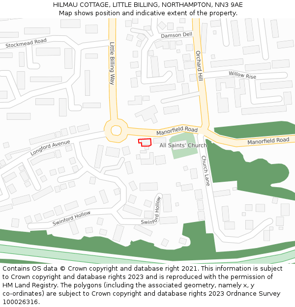 HILMAU COTTAGE, LITTLE BILLING, NORTHAMPTON, NN3 9AE: Location map and indicative extent of plot