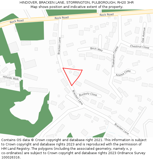 HINDOVER, BRACKEN LANE, STORRINGTON, PULBOROUGH, RH20 3HR: Location map and indicative extent of plot