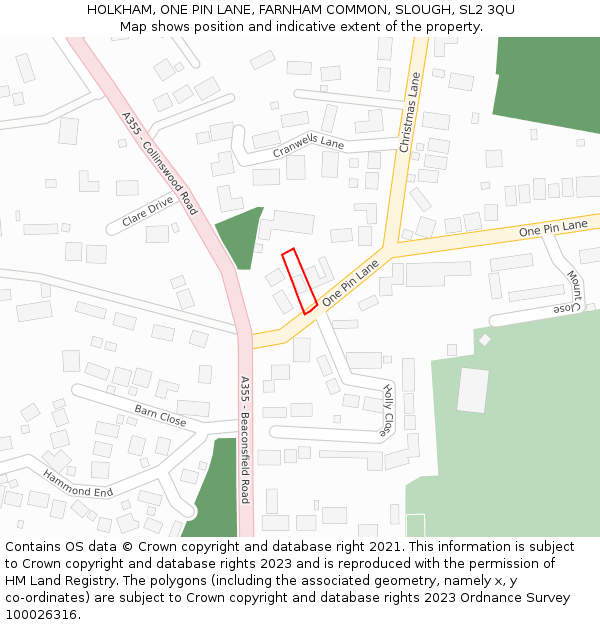 HOLKHAM, ONE PIN LANE, FARNHAM COMMON, SLOUGH, SL2 3QU: Location map and indicative extent of plot