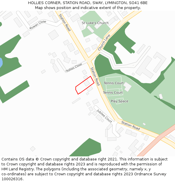 HOLLIES CORNER, STATION ROAD, SWAY, LYMINGTON, SO41 6BE: Location map and indicative extent of plot