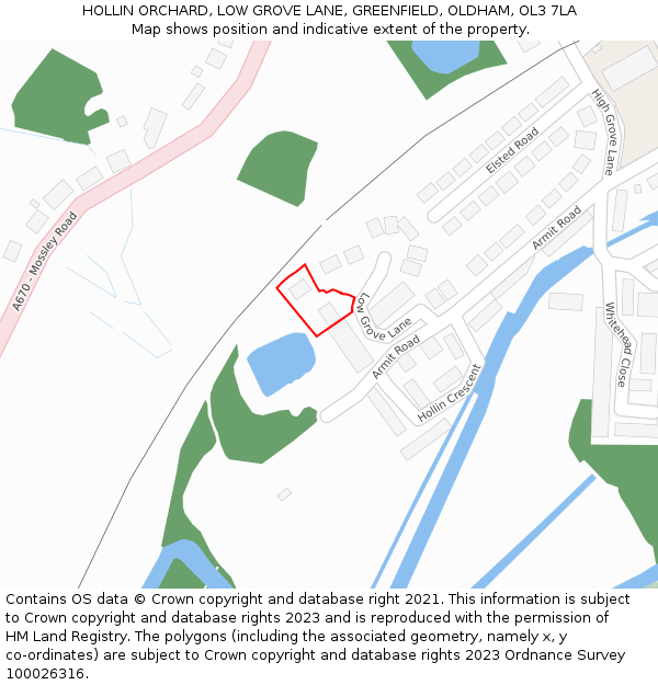 HOLLIN ORCHARD, LOW GROVE LANE, GREENFIELD, OLDHAM, OL3 7LA: Location map and indicative extent of plot