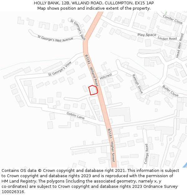 HOLLY BANK, 12B, WILLAND ROAD, CULLOMPTON, EX15 1AP: Location map and indicative extent of plot