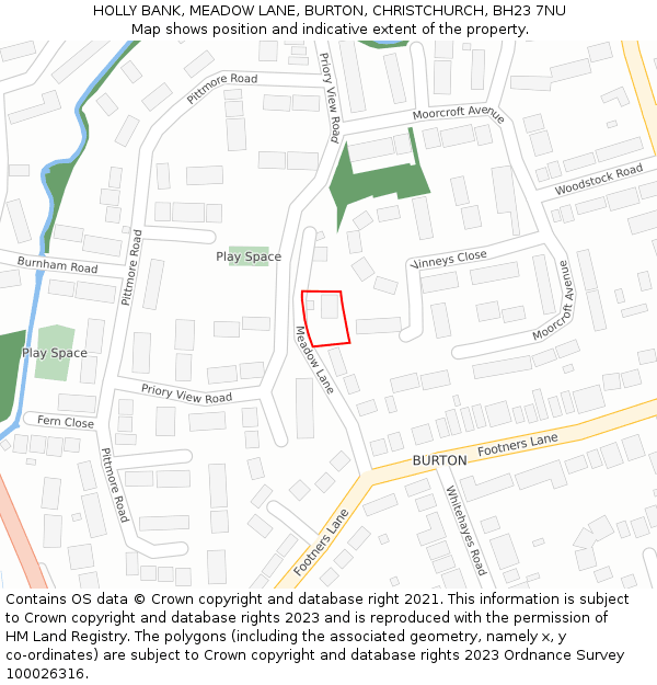 HOLLY BANK, MEADOW LANE, BURTON, CHRISTCHURCH, BH23 7NU: Location map and indicative extent of plot